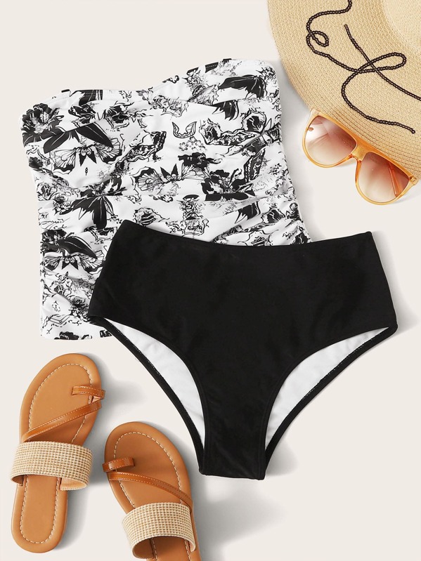 

Floral Print Ruched Bandeau With High Waist Tankini, Black and white
