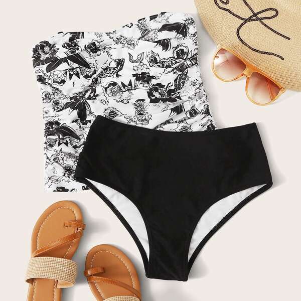 

Floral Print Ruched Bandeau With High Waisted Tankini, Black and white