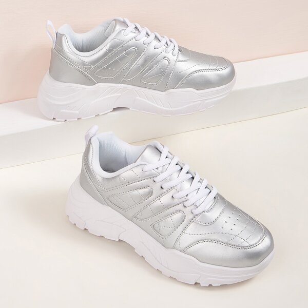 

Metallic Lace-up Front Chunky Sneakers, Silver