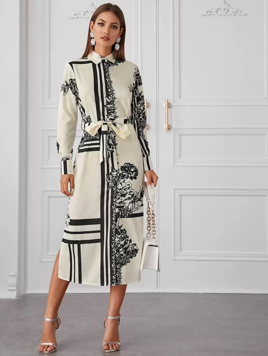 Vestido camisa con cinturón bajo con abertura con estampado geométrico floral - Blanco y Negro - Ver 1