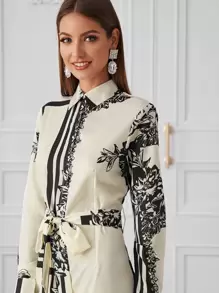 Vestido camisa con cinturón bajo con abertura con estampado geométrico floral - Blanco y Negro - Ver 4