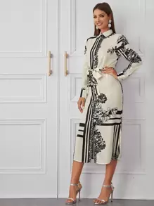Vestido camisa con cinturón bajo con abertura con estampado geométrico floral - Blanco y Negro - Ver 5