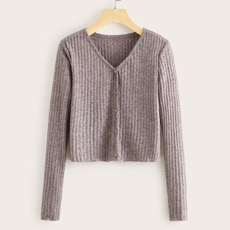 

Button Up Rib-knit V-neck Tee, Nude