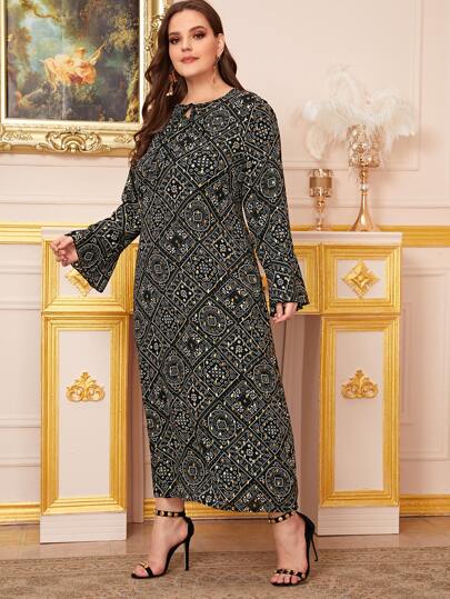 Plus Tribal Print Tie Front Peekaboo Dress