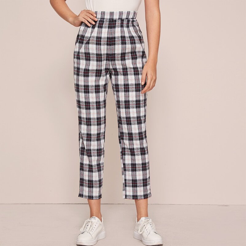 

Elastic Waist Slant Pocket Tartan Pants, Multicolor