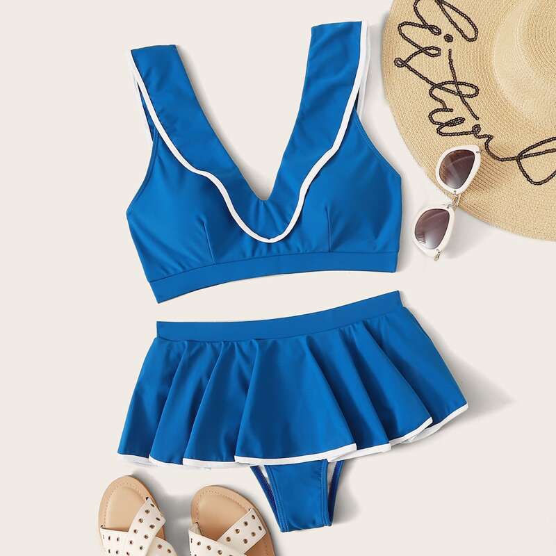 

Contrast Binding Top With Skorts Bikini Set, Blue