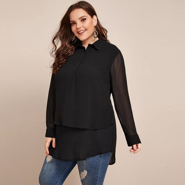 

Plus Curved Hem Chiffon Blouse, Black