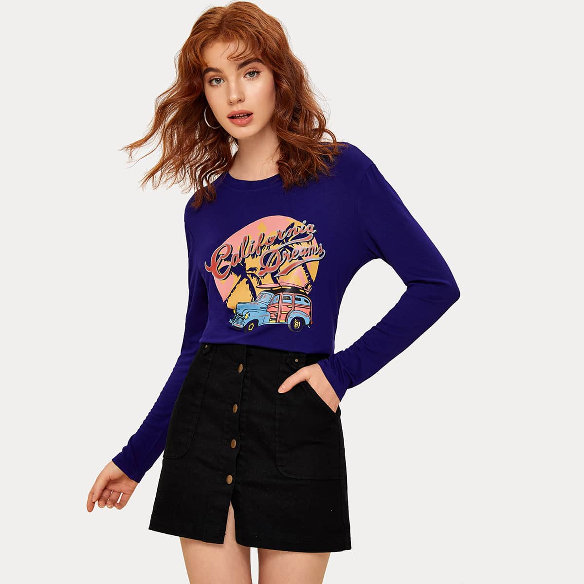 

Car & Letter Graphic Long Sleeve Tee, Blue