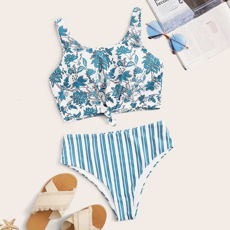 

Floral & Striped High Waisted Bikini Swimsuit, Blue