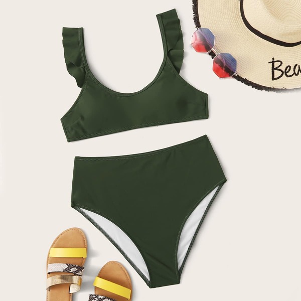 

Ruffle Trim Top With High Waist Bikini Set, Army green