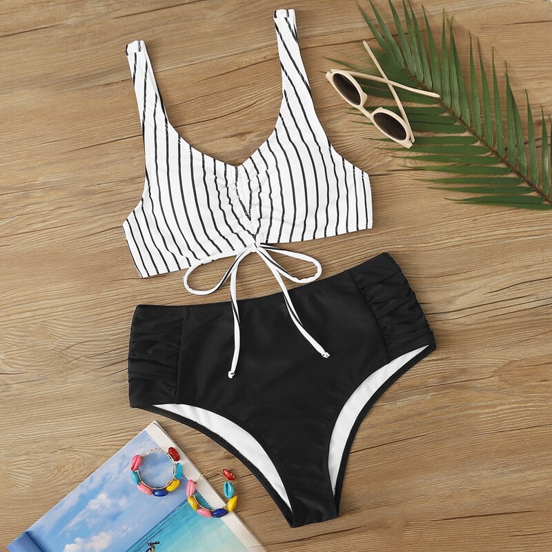 

Striped Tie Front Top With High Waist Bikini, Black and white