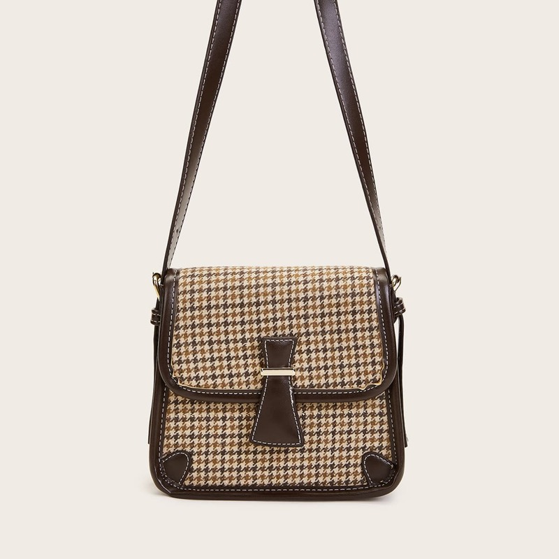 

Houndstooth Flap Crossbody Bag, Brown