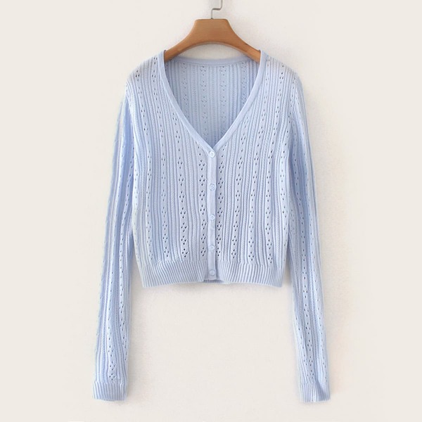 

Button Front Pointelle Knit Cardigan, Blue pastel