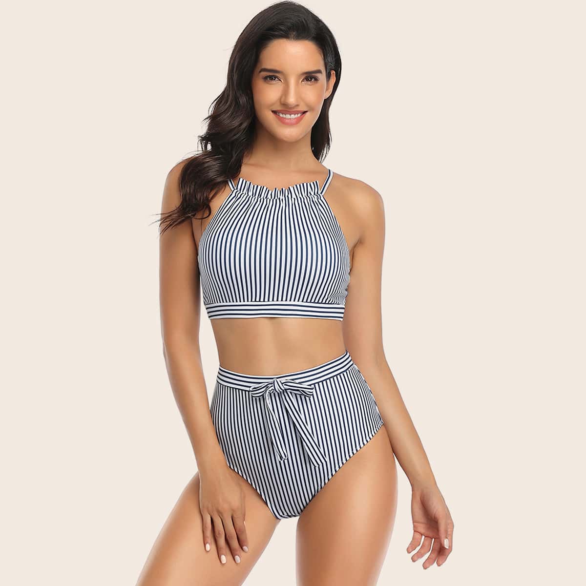

Striped Halter Knot Front High Waisted Bikini Swimsuit, Navy