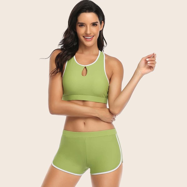 

Contrast Binding Keyhole Front Bikini Swimsuit, Lime green