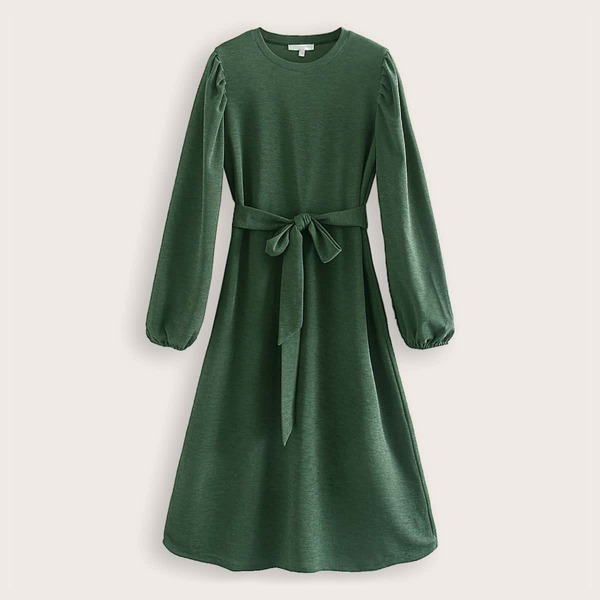 

Lantern Sleeve Belted Solid A-line Dress, Green