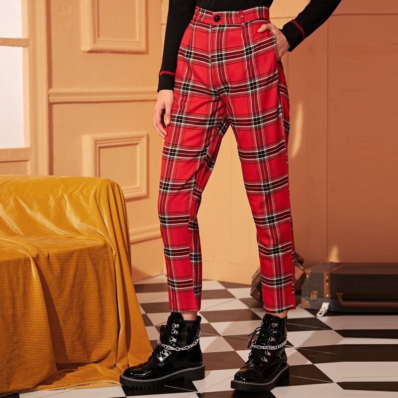 

Tartan Plaid Straight Leg Cropped Pants, Red