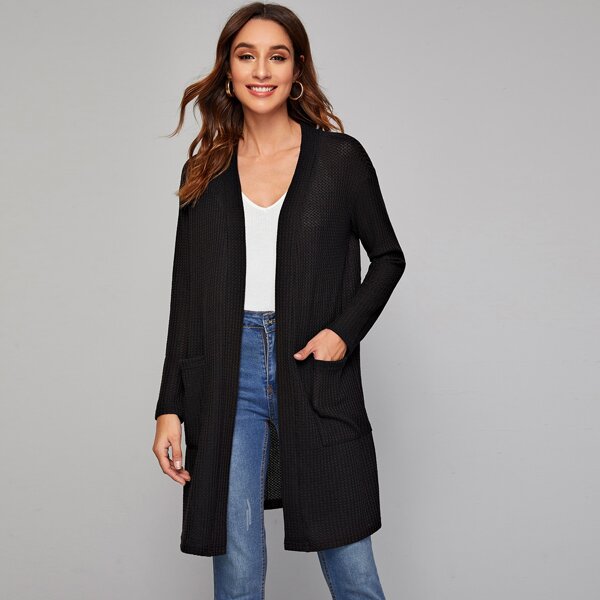 

Open Front Double Pocket Waffle Knit Coat, Black