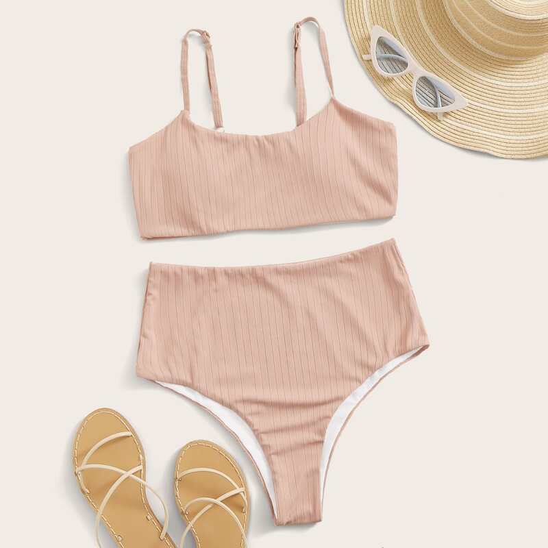 

Striped Adjustable Strap Top With High Waist Bikini, Pink