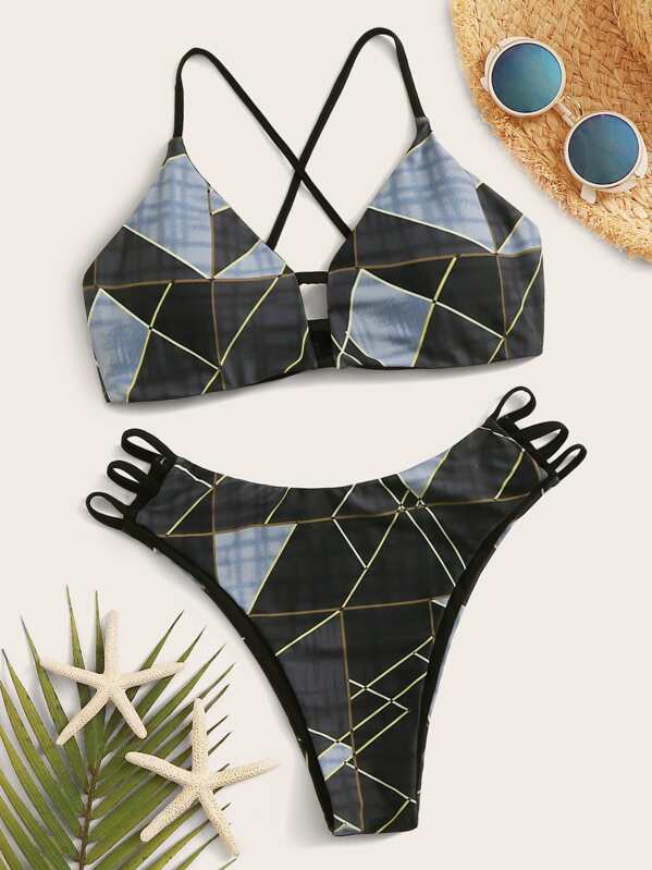 

Geo Ladder Cut Out Top With High Cut Bikini, Multicolor
