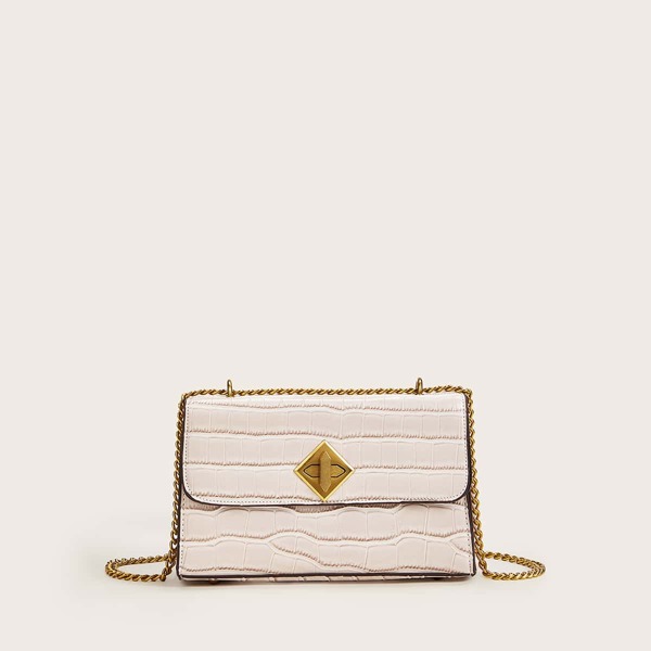 

Twist Lock Croc Embossed Chain Bag, Beige