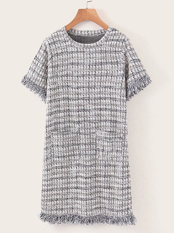 

Raw Trim Double Pocket Tweed Dress, Multicolor