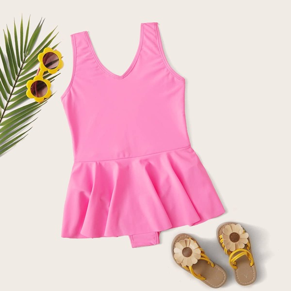 

Girls Solid Peplum One Piece Swimwear, Pink