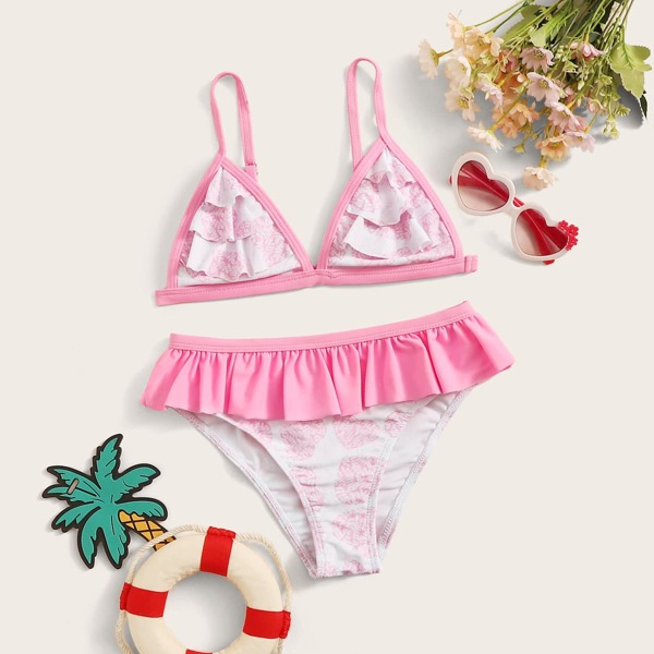 

Girls Heart Print Tiered Layer Bikini Set, Multicolor