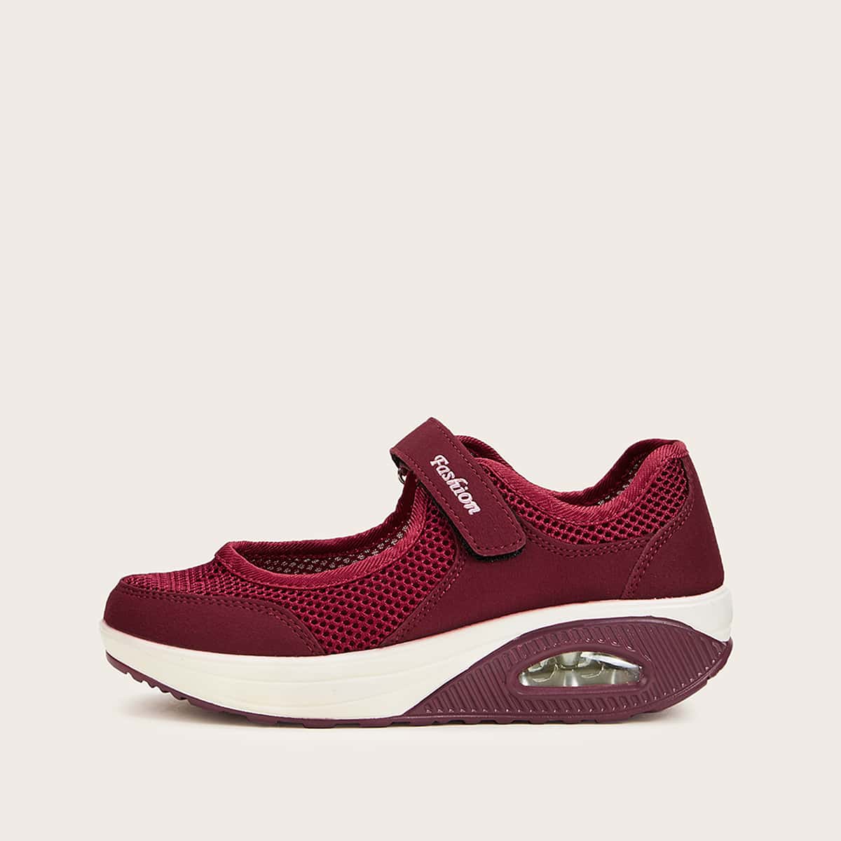 

Mesh Panel Velcro Strap Flats, Burgundy