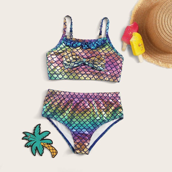 

Girls Fish Scales Knot Front Top With High Waist Bikini, Multicolor