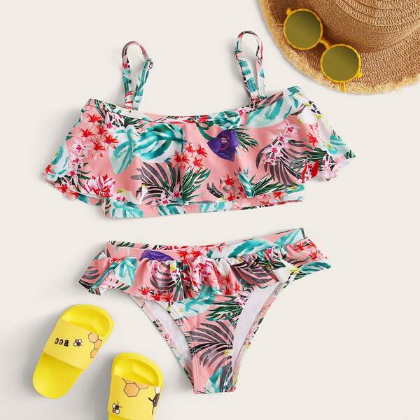 

Girls Tropical Flounce Bikini Set, Multicolor