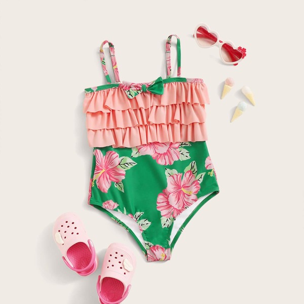 

Girls Floral Print Tiered Layer One Piece Swimwear, Multicolor
