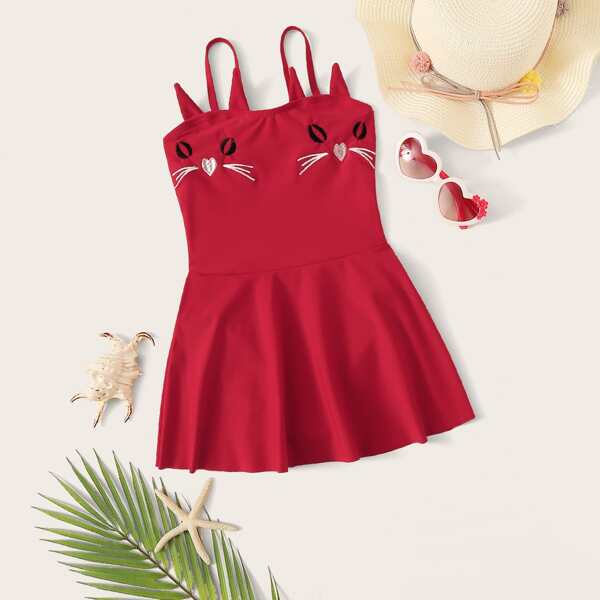 

Toddler Girls Cartoon Cat Print Peplum One Piece Swimwear, Red