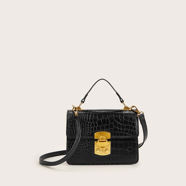 

Push Lock Croc Embossed Satchel Bag, Black