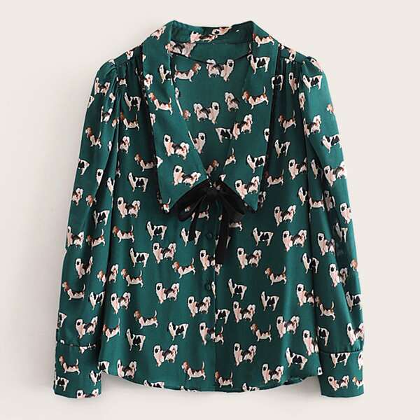 

Dog Print Button Front Knot Blouse, Green