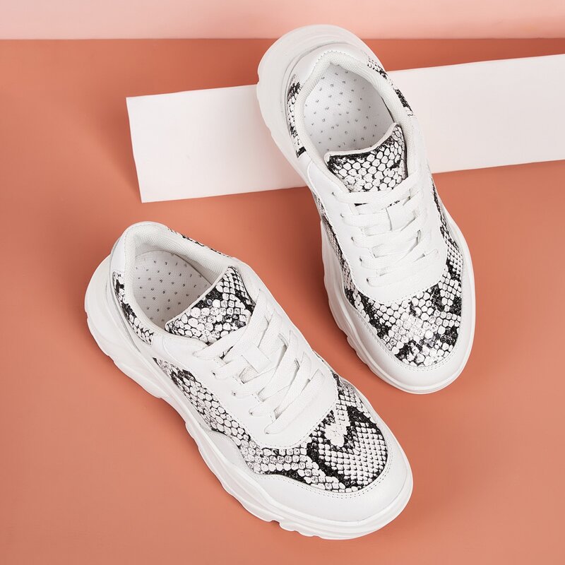 

Snakeskin Print Lace-up Front Chunky Sneakers, Black and white