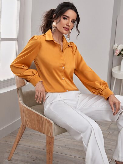 Curved Hem Button Up Blouse