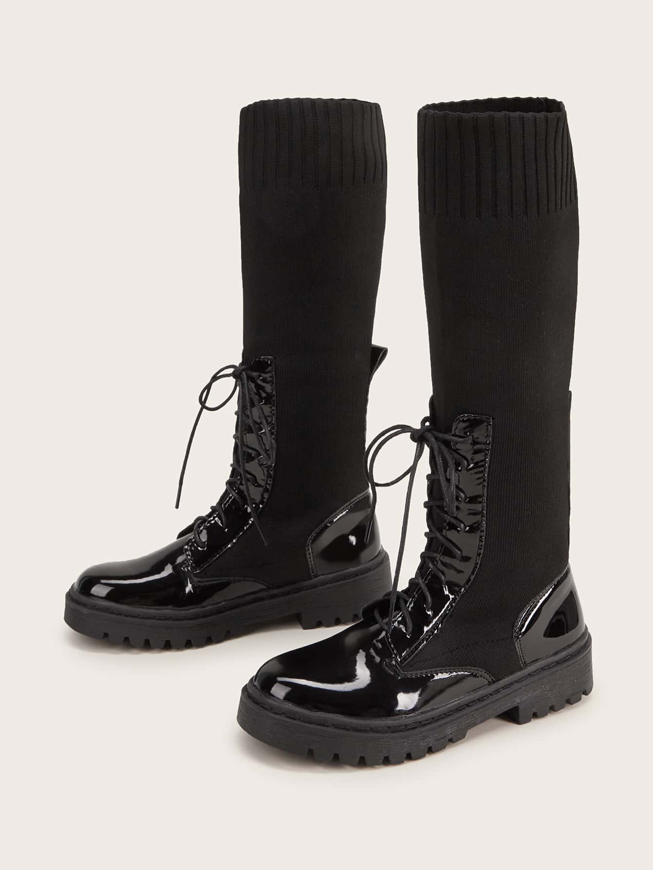 Botas largas de rodilla de charol con cordón delantero | Mode de Mujer |  SHEIN España