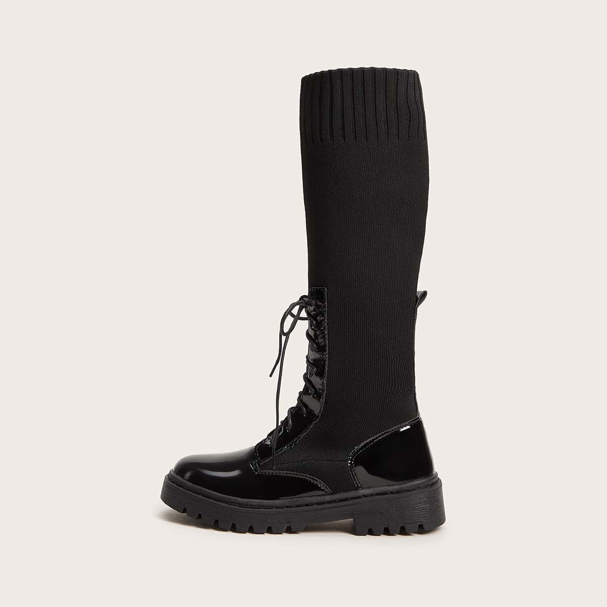

Lace-up Front Patent Knee Length Boots, Black