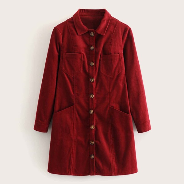 

Button Through Pocket Front Corduroy Dress, Burgundy