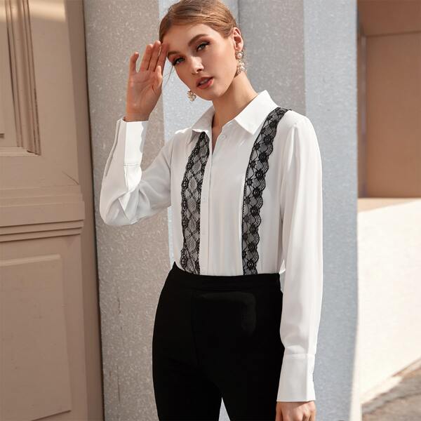 

Contrast Lace Button Up Blouse, White