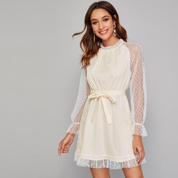 

Frilled Neckline Raglan Sleeve Mesh Overlay Belted Dress, Beige