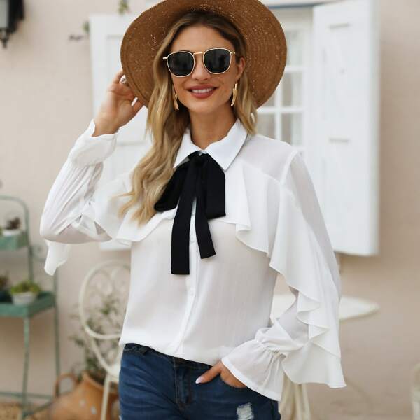 

Tie Neck Ruffle Trim Blouse, White