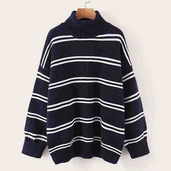 

Turtle Neck Striped Drop Shoulder Sweater, Navy