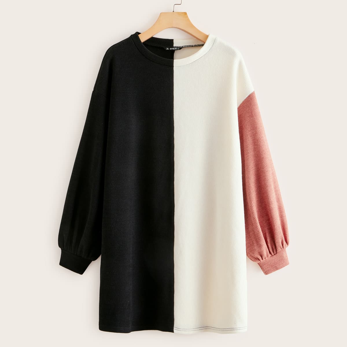 

Color Block Rib-knit Dress, Black and white