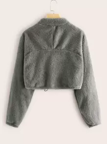 SHEIN Zip Half Placket Drawstring  Teddy Sweatshirt - Grey - View 2
