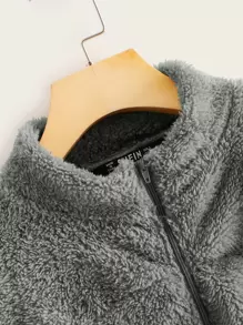 SHEIN Zip Half Placket Drawstring  Teddy Sweatshirt - Grey - View 4