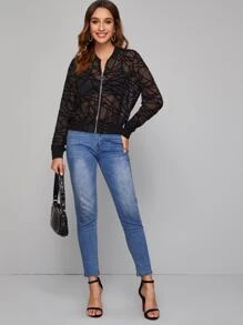 SHEIN Unity Cazadora de bombardero de malla geométrica con cremallera con aro O - Negro - Ver 4