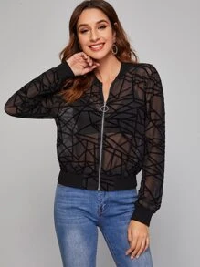 SHEIN Unity Cazadora de bombardero de malla geométrica con cremallera con aro O - Negro - Ver 5