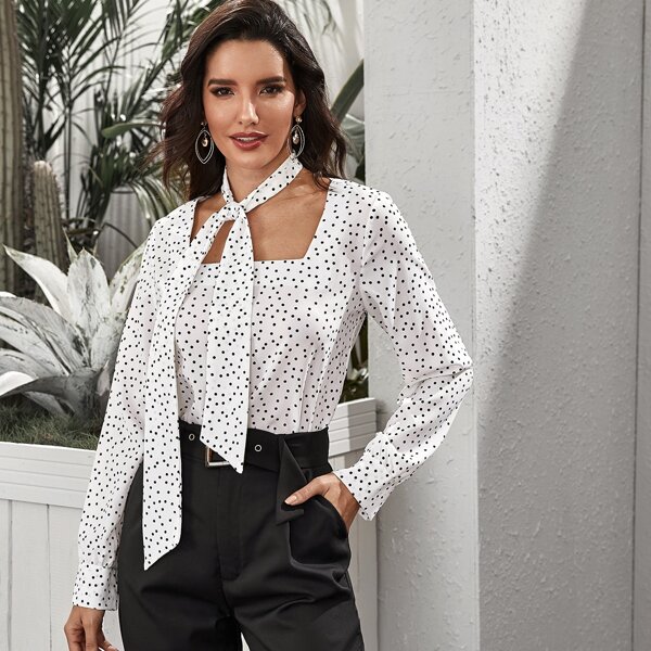 

Square Neck Polka-dot Print Top With Neck Tie, White